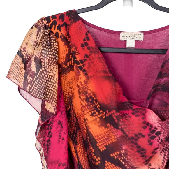 One World Shirt PXL Womens Pink Orange Drape Layered Career Casual Leopard Print - Picture 2 of 5